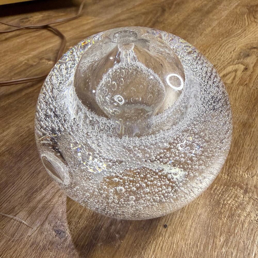 VTG Art Glass Oil Lamp Paperweight Clear Round Bubbles Seeded Handmade Poland